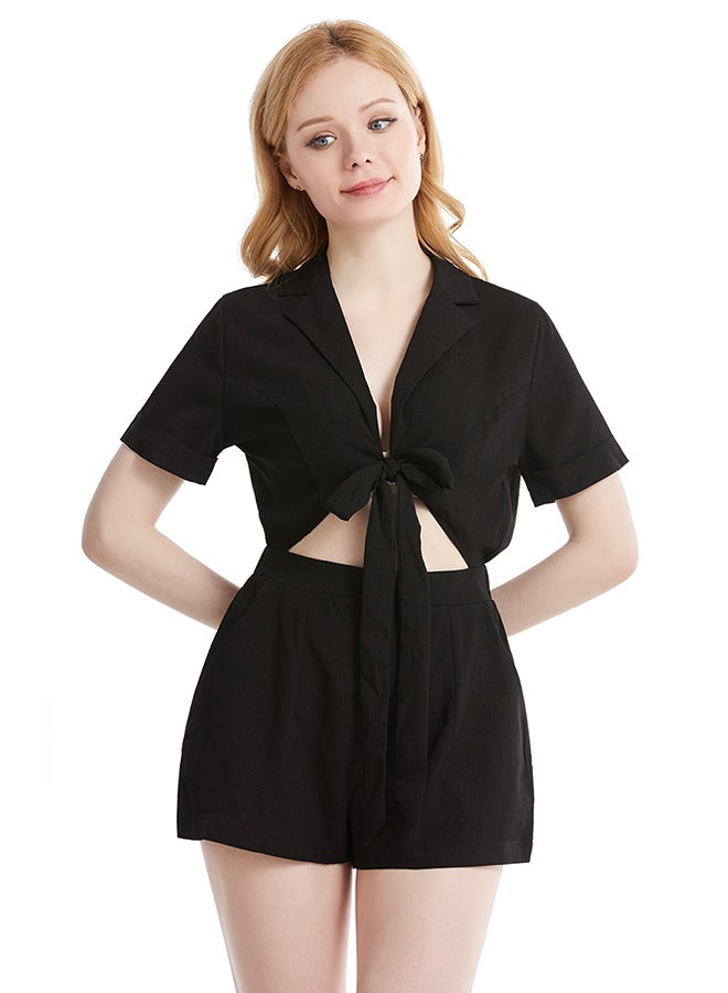Hanyimidoo Solid Design Short Sleeves Short Jumpsuit Black  - Image 1