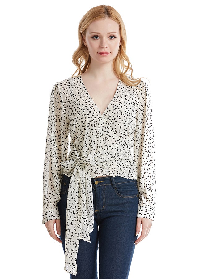 Hanyimidoo Ribbon V-Neck Long Sleeve Top White - Image 1