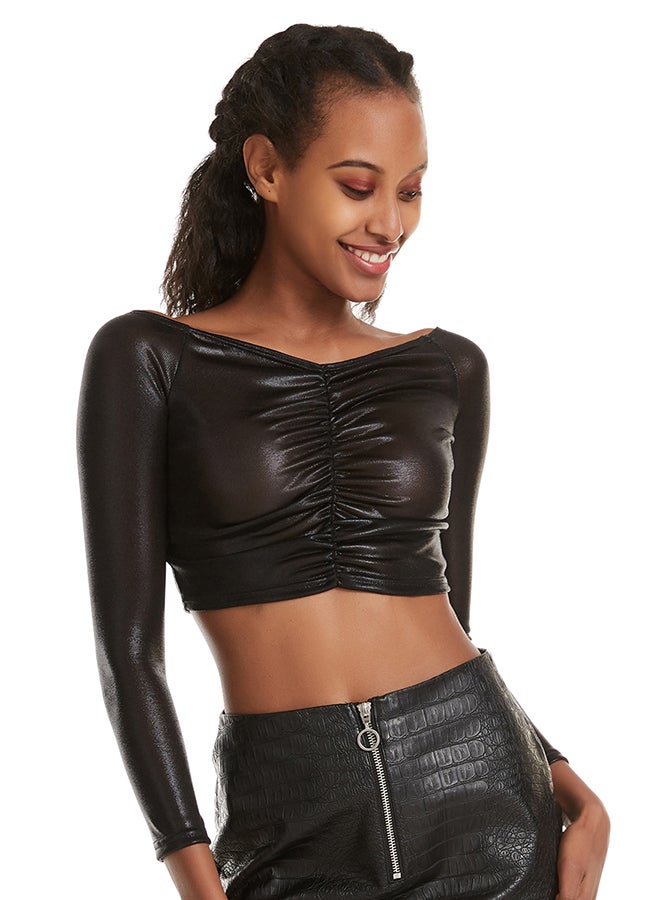 Hanyimidoo - Pleated Off Shoulder Long Sleeve Top Black - Image 1