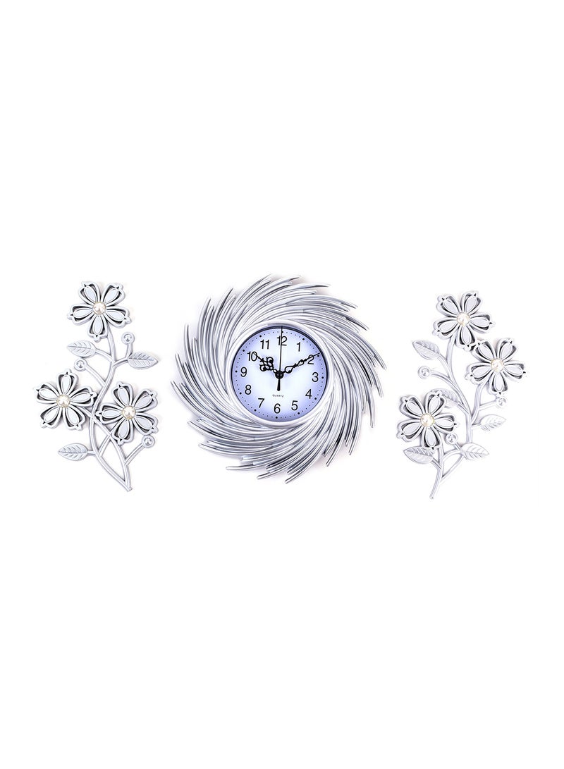 Home Concept Analog Modern Wall Clock With Two Plants Design Silver 65x28x4cm 
