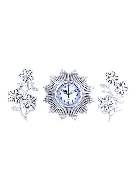 Analog Modern Wall Clock With Two Plants Design Silver 65X28X4centimeter
