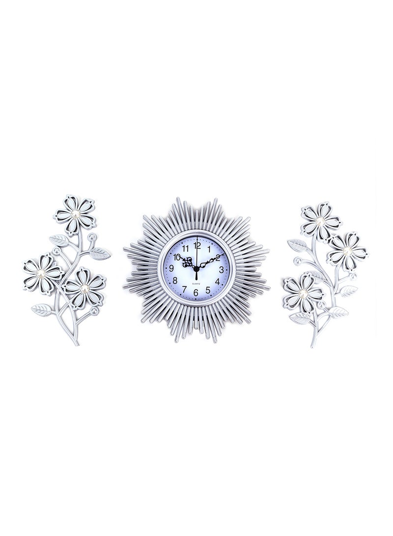 Home Concept Analog Modern Wall Clock With Two Plants Design Silver 65X28X4centimeter 