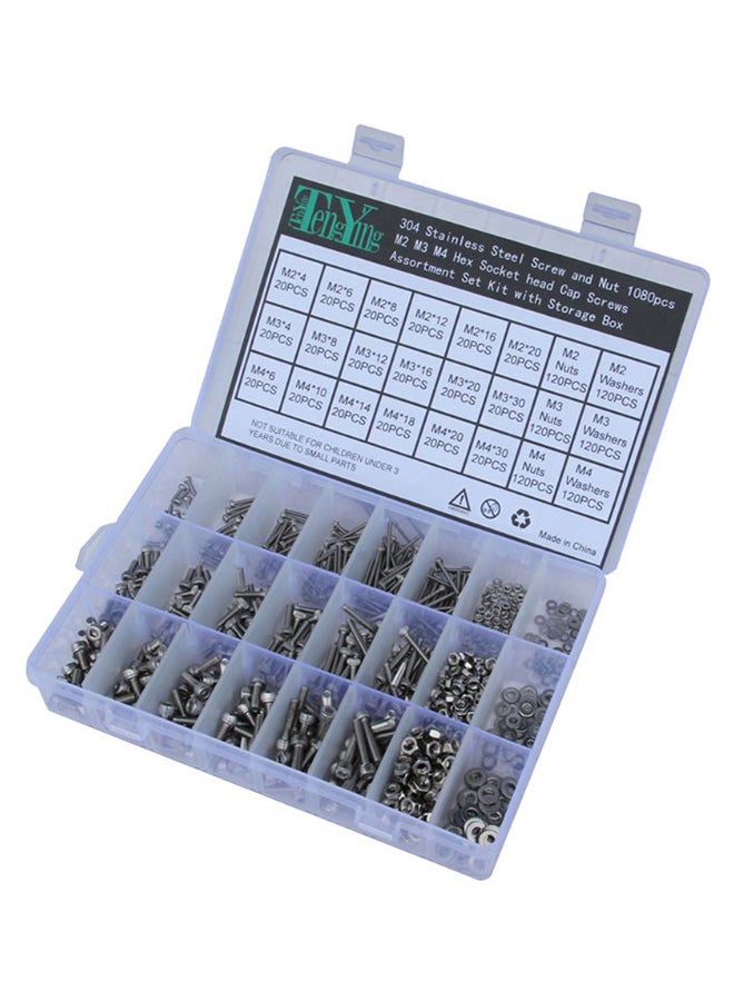 1080-Piece Socket Heads Cap Screws Assortment Kit With Storage Box Silver 
