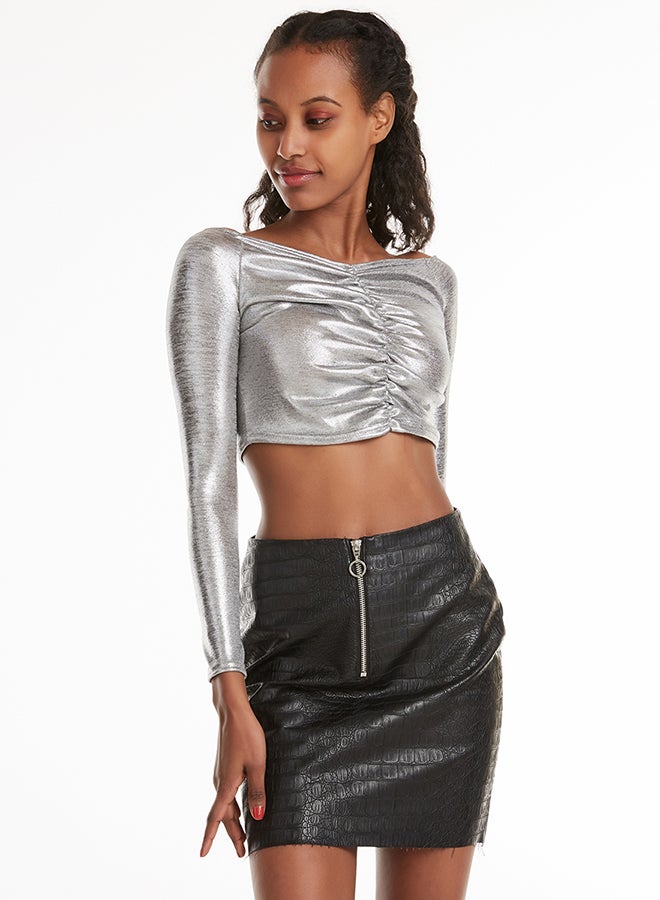 هانيميدو بلوزة قصيرة بأكمام طويلة فضي - Image 3
