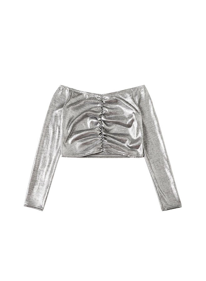 هانيميدو بلوزة قصيرة بأكمام طويلة فضي - Image 4