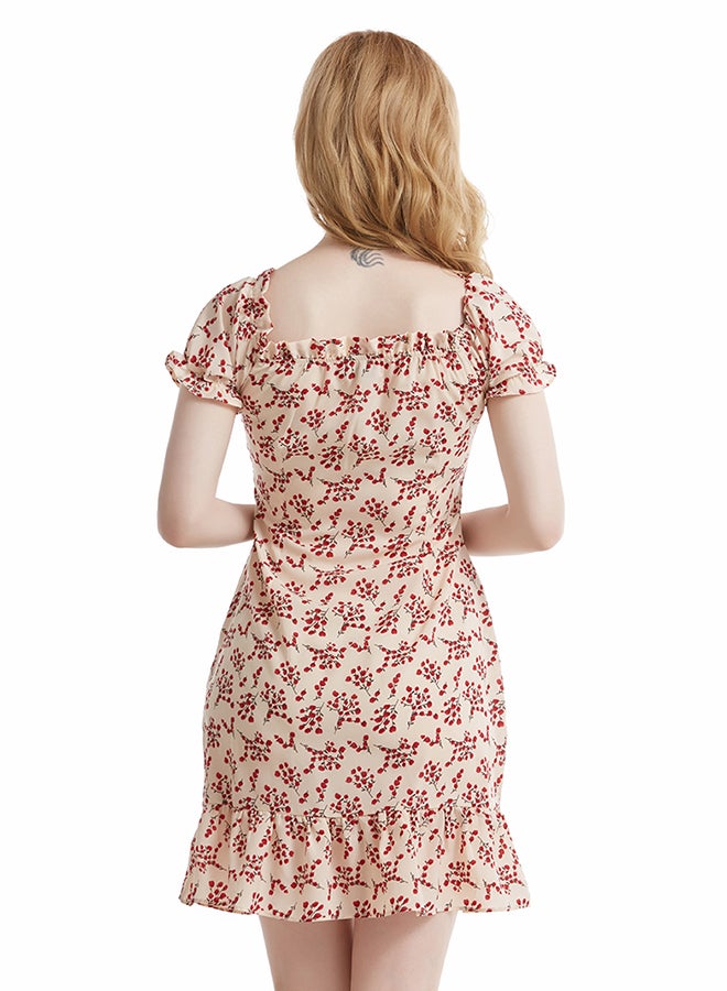 Hanyimidoo - Ruffle Detail Short Sleeves Mini Dress Beige/Red - Image 1
