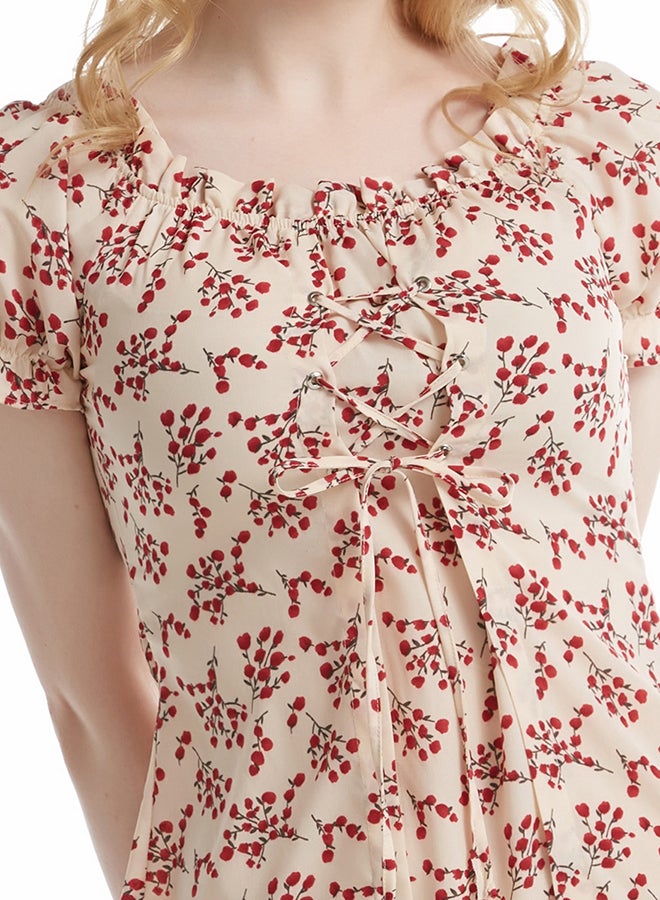 Hanyimidoo - Ruffle Detail Short Sleeves Mini Dress Beige/Red - Image 1