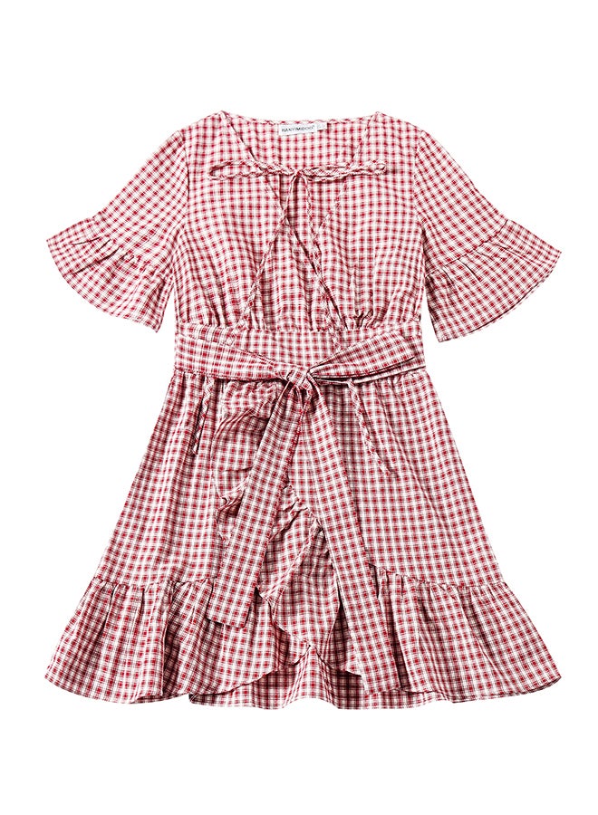 Hanyimidoo - Checkered Ruffle Short Sleeves Dress Claret - Image 1