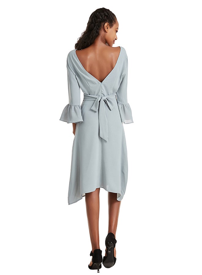 Hanyimidoo - Solid Design V-Neck Dress Grey Blue - Image 1