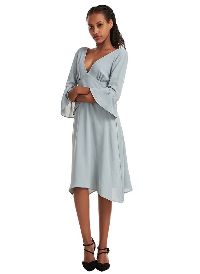 Hanyimidoo - Solid Design V-Neck Dress Grey Blue - Image 1