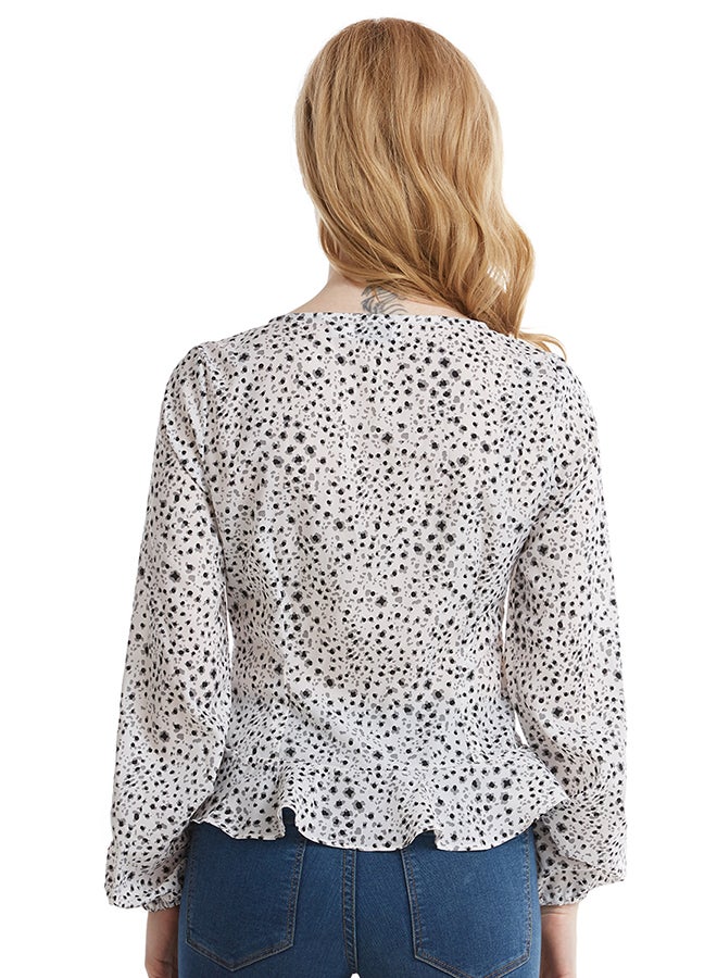 Hanyimidoo - Fashion V-Neck Long Sleeve Top White - Image 1