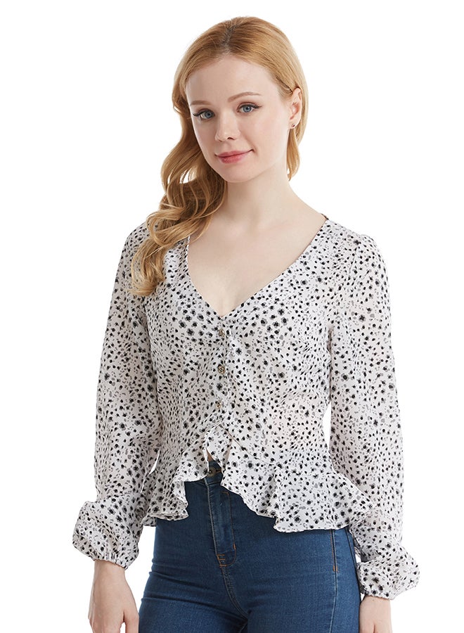 Hanyimidoo - Fashion V-Neck Long Sleeve Top White - Image 1