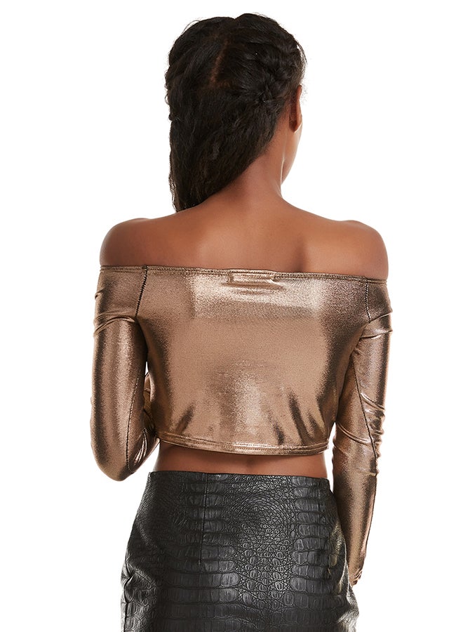 Hanyimidoo Designer Long Sleeve Shiny Top Coffee  - Image 2