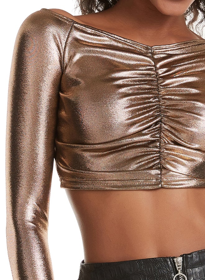 Hanyimidoo Designer Long Sleeve Shiny Top Coffee  - Image 5