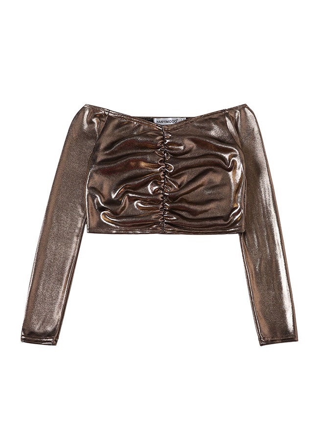 Hanyimidoo Designer Long Sleeve Shiny Top Coffee  - Image 4