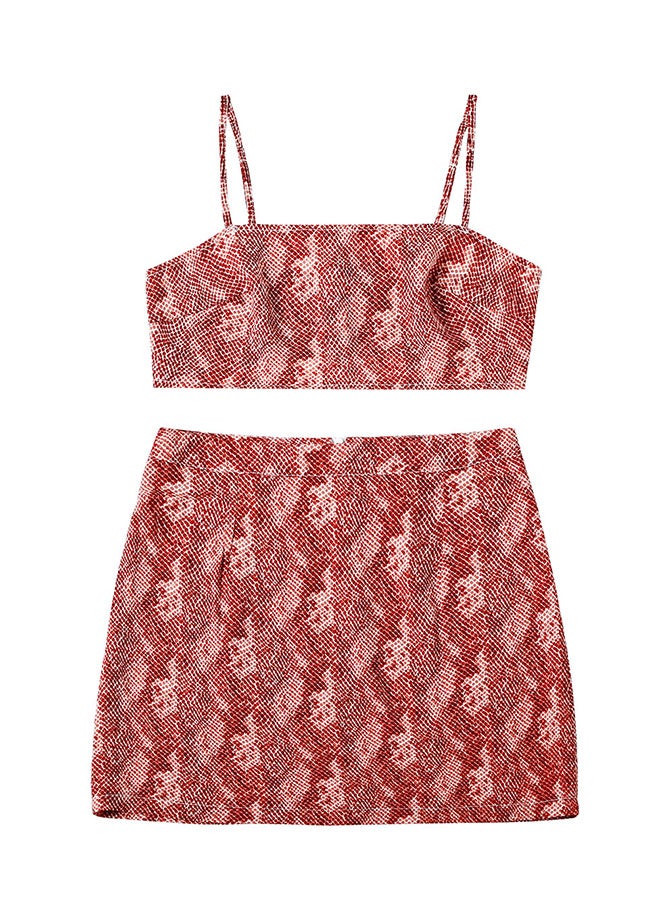 Hanyimidoo 2-Piece Printed Crop Top And Suspender Skirt Set Red/White - Image 4