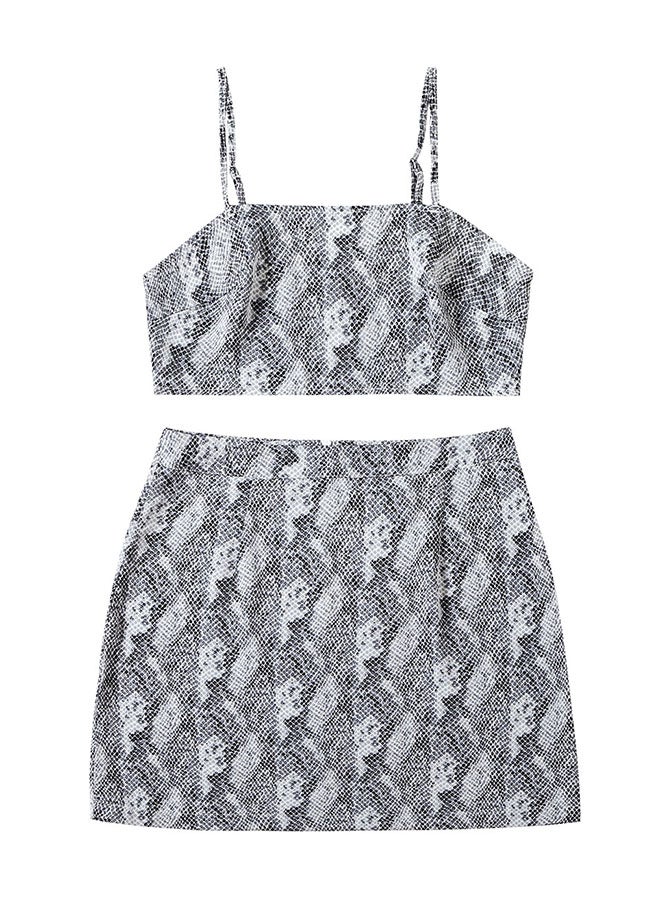 Hanyimidoo - 2-Piece Printed Crop Top And Suspender Skirt Set Grey/White - Image 1