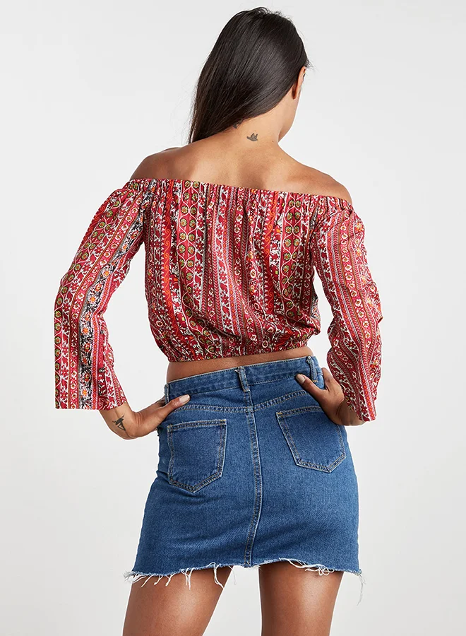 Closet By Styli Printed Off Shoulder Top Red/White/Blue