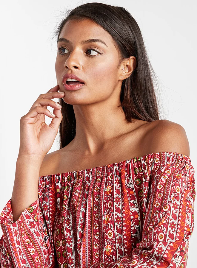 Closet By Styli Printed Off Shoulder Top Red/White/Blue