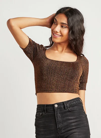 Closet By Styli Fitted Square Neck Crop Top With Short Sleeves Black