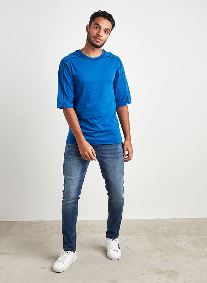 Stitch Detail T-Shirt With High Low Hem Blue