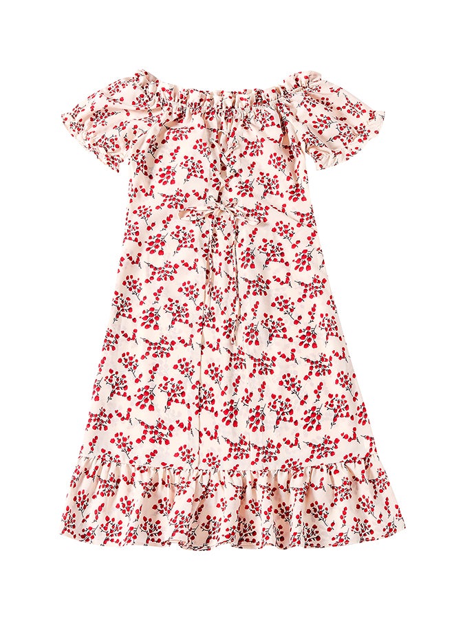 Hanyimidoo - Ruffle Detail Short Sleeves Mini Dress Beige/Red - Image 1