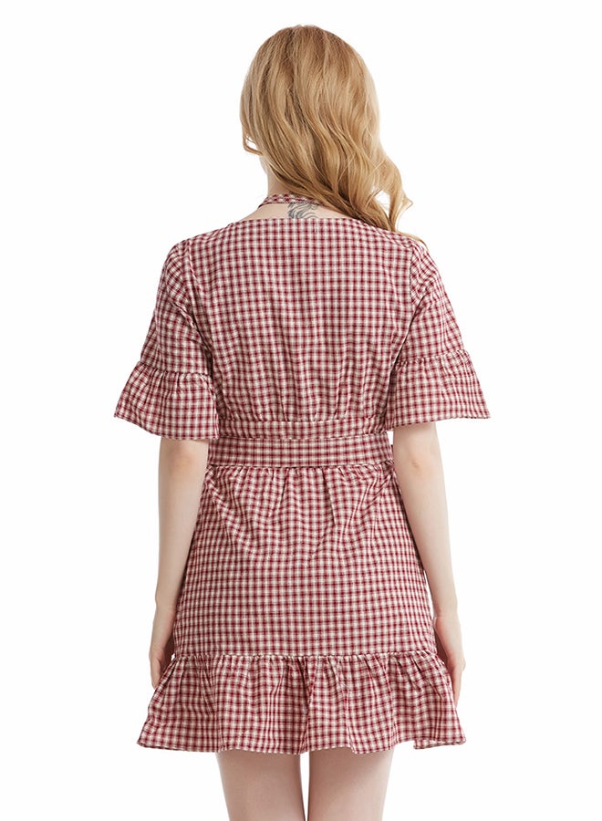 Hanyimidoo - Checkered Ruffle Short Sleeves Dress Claret - Image 1