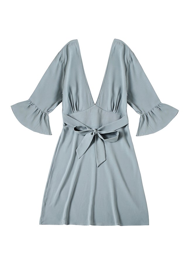 Hanyimidoo - Solid Design V-Neck Dress Grey Blue - Image 1
