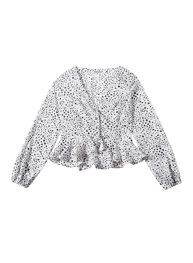 Hanyimidoo - Fashion V-Neck Long Sleeve Top White - Image 1