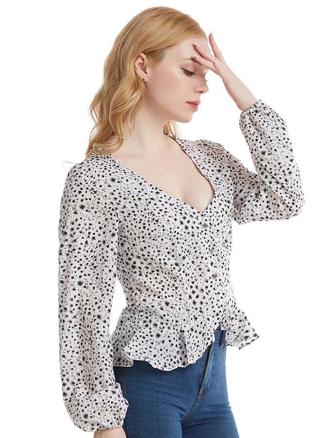 Hanyimidoo - Fashion V-Neck Long Sleeve Top White - Image 1