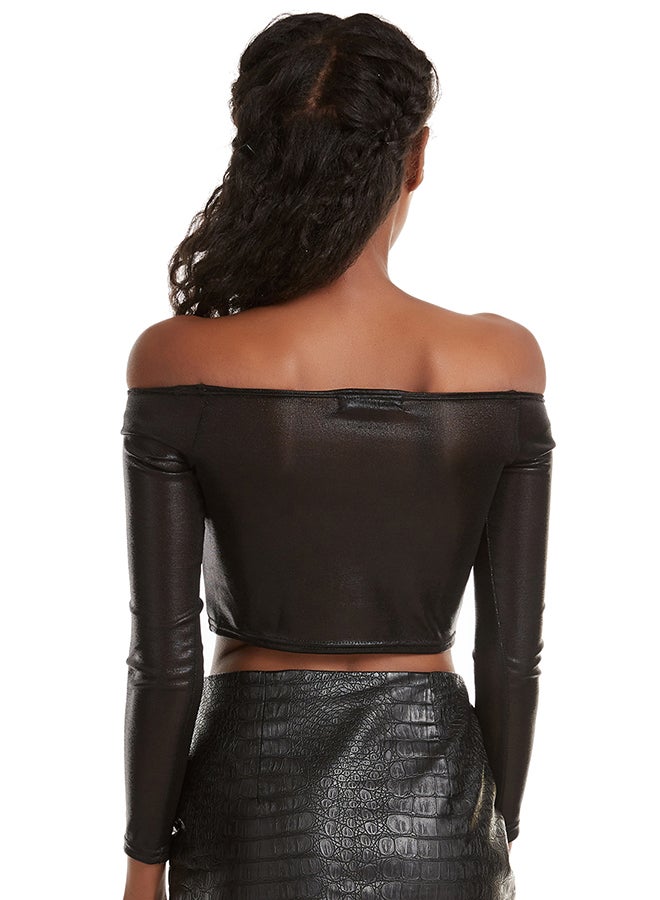 Hanyimidoo - Pleated Off Shoulder Long Sleeve Top Black - Image 1