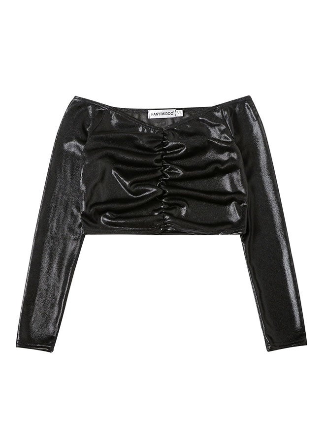 Hanyimidoo - Pleated Off Shoulder Long Sleeve Top Black - Image 1