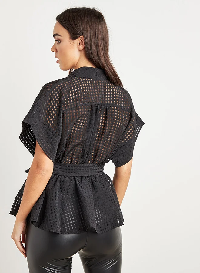 Closet By Styli Check Collared Neck Top Black