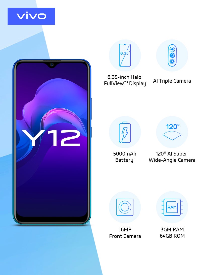 vivo - Y12 Dual SIM Aqua Blue 3GB RAM 64GB 4G LTE - Image 1