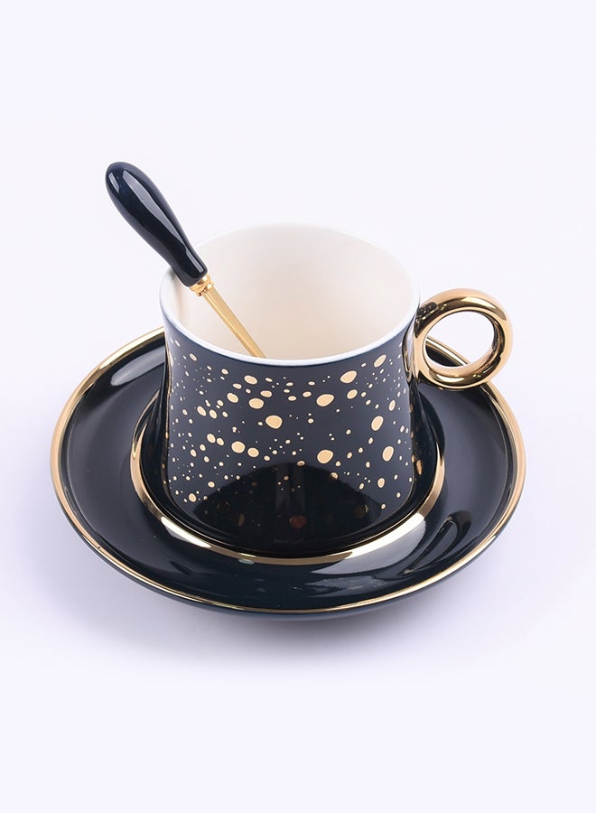 3-Piece Fine Bone Ceramic Cup And Saucer Set With Spoon Dark Blue/Gold 15X15X9centimeter