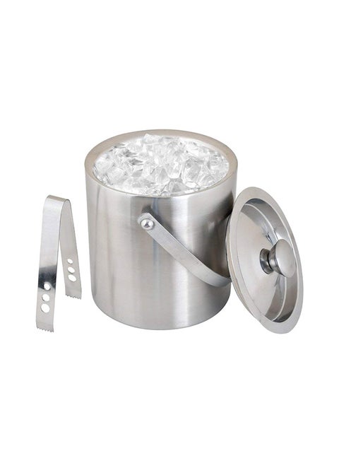 Ice Bucket With Lid Double Wall And Ice Tong Silver 1.5Liters