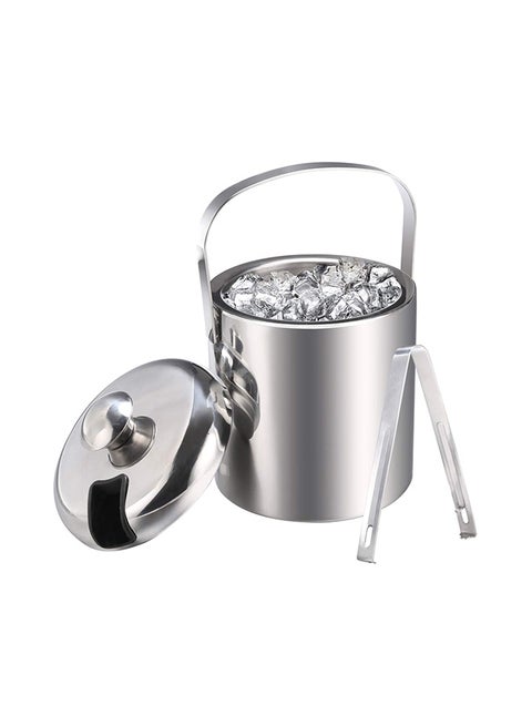 Ice Bucket With Lid Double Wall And Ice Tong Silver 1Liters