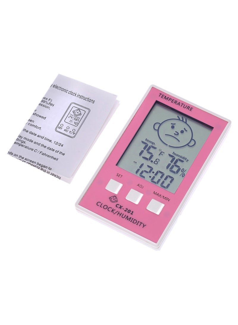 مقياس حرارة رقمي مزود بوظيفة ساعة منبه وشاشة LCD مع دليل المستخدم وردي/ رمادي - Image 1