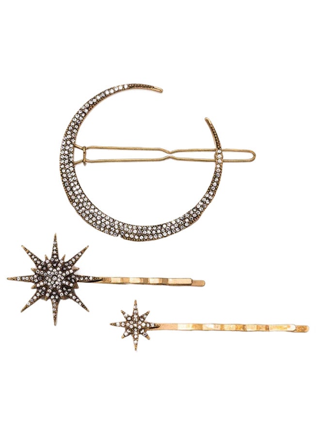 Suoirblss 3-Piece Rhinestone Moon Snowflake Star Hair Clip Set White/Gold 