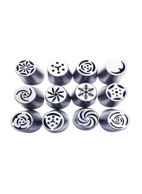 12-Piece Russian Tulip Icing Piping Nozzles Set Silver 20centimeter