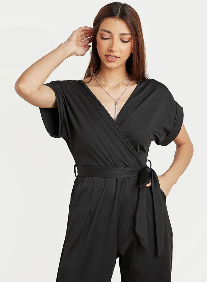 Closet By Styli V Neck Jumpsuit With Belt Tie Up And Roll UP Sleeves Black