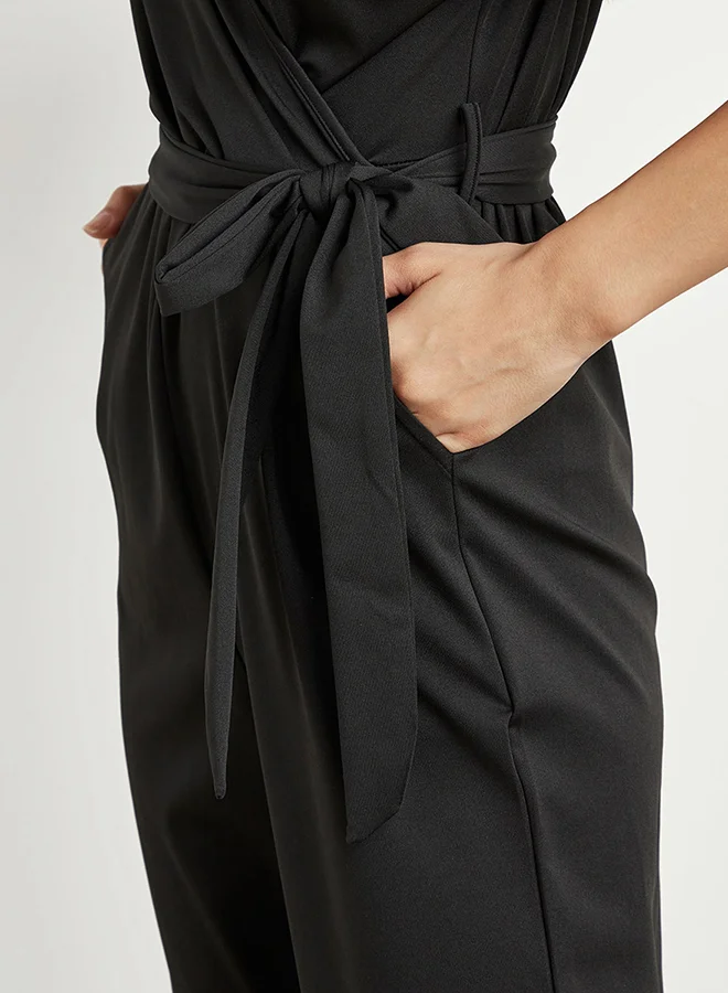 Closet By Styli V Neck Jumpsuit With Belt Tie Up And Roll UP Sleeves Black