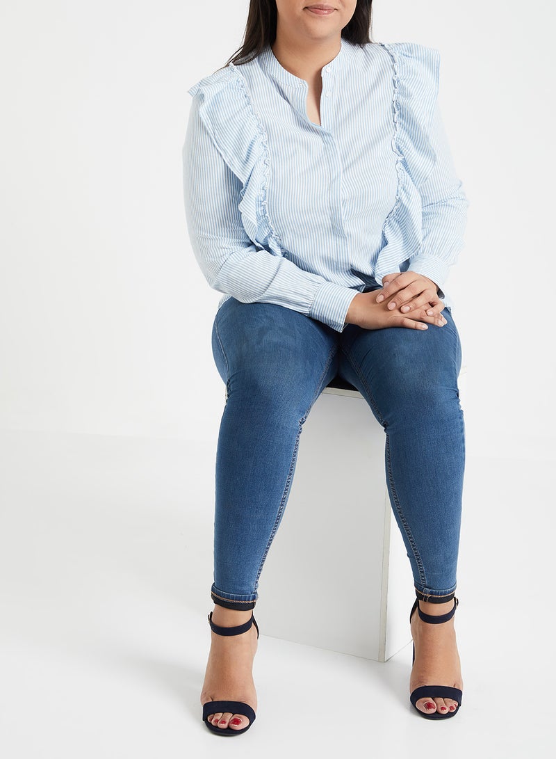 VERO MODA - Frill Detailed Striped Shirt Blue - Image 1