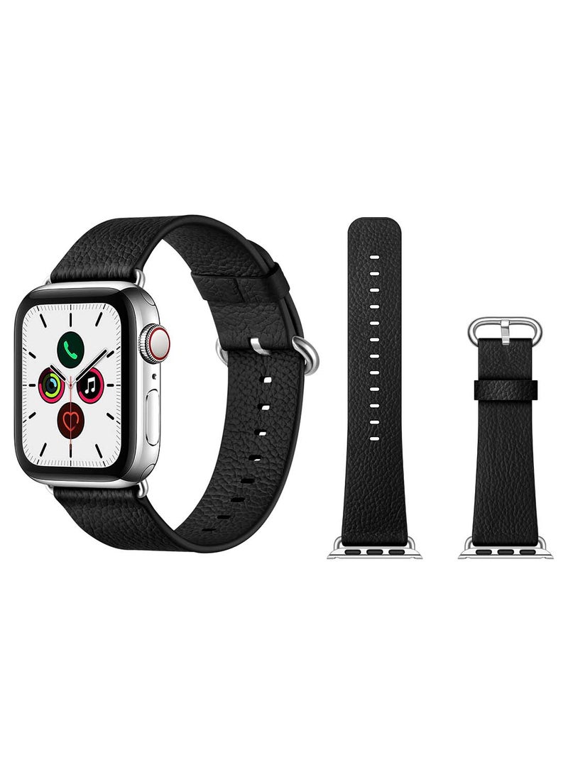 Perfii Genuine Leather Replacement Band For Apple Watch Series 5/4/3/2/1 40/38mm Litchi Black - Image 1