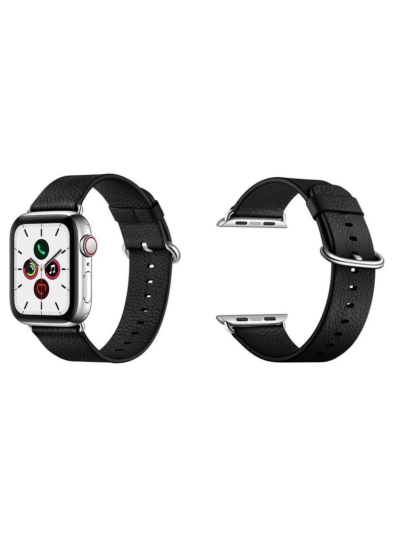 Perfii Genuine Leather Replacement Band For Apple Watch Series 5/4/3/2/1 40/38mm Litchi Black - Image 2
