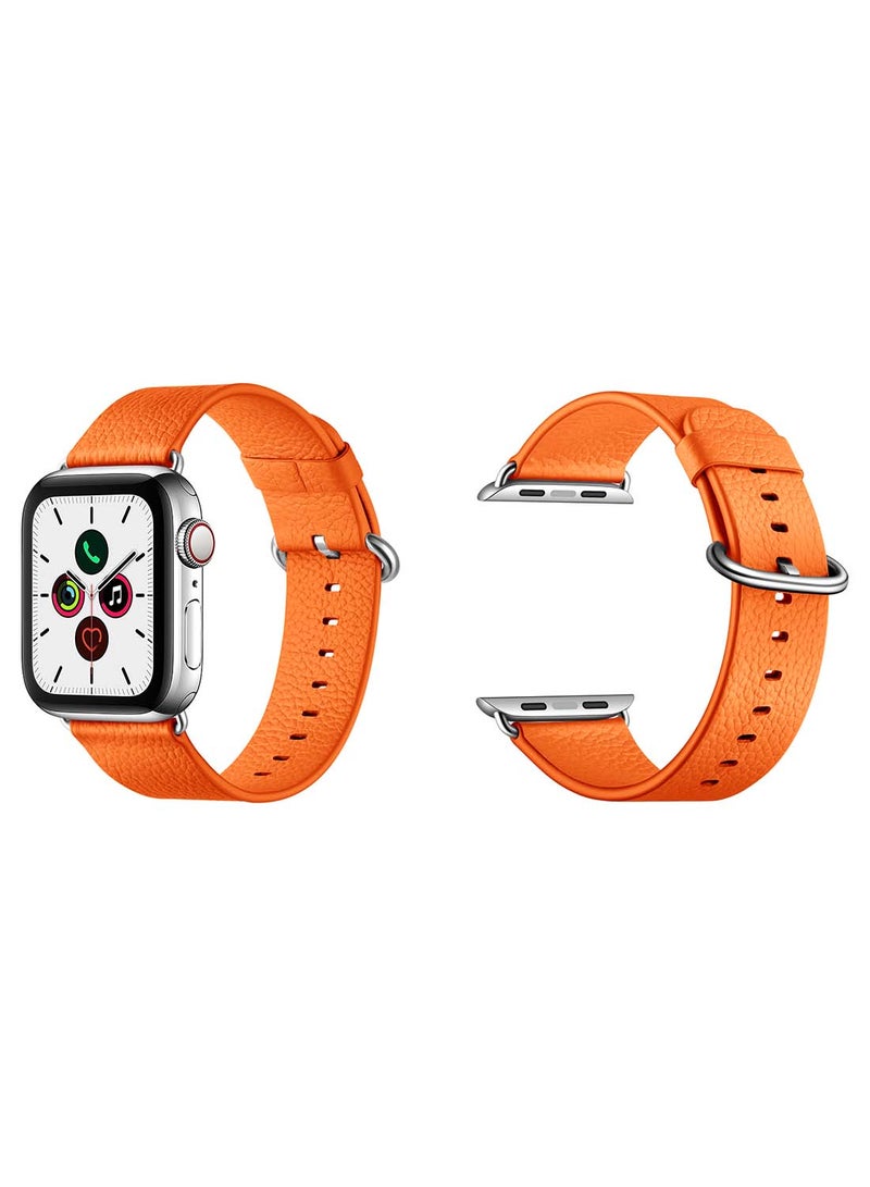 Perfii Genuine Leather Replacement Band For Apple Watch Series 5/4/3/2/1 40/38mm Litchi Orange - Image 1