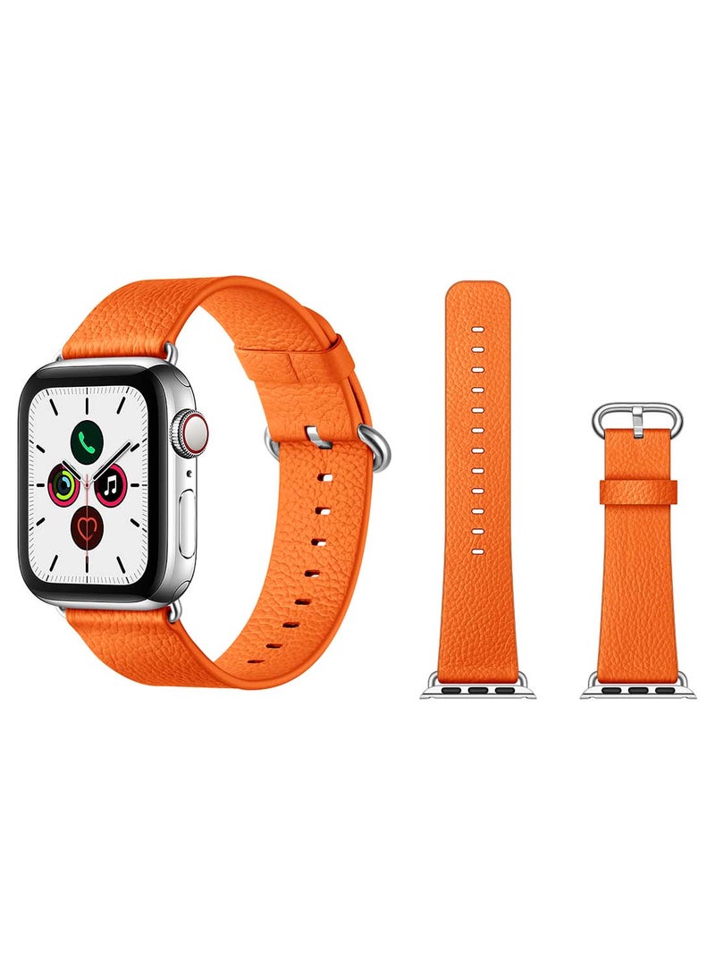 Perfii Genuine Leather Replacement Band For Apple Watch Series 5/4/3/2/1 40/38mm Litchi Orange - Image 2