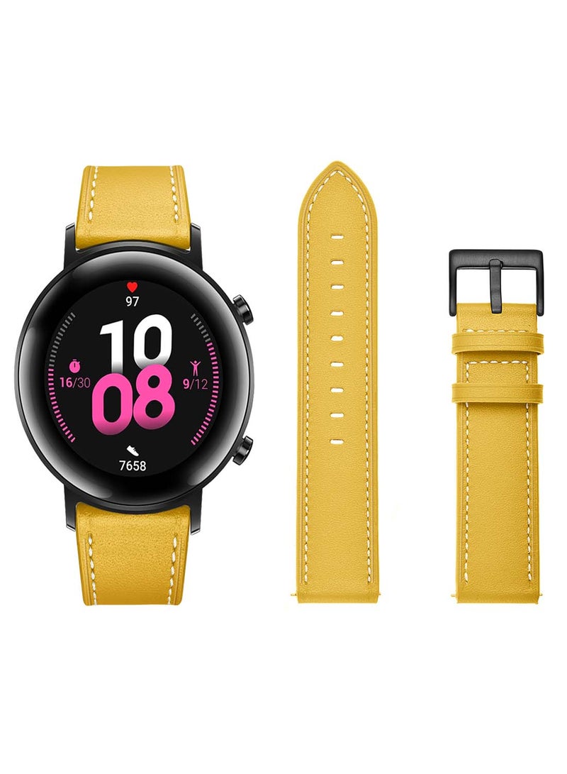 بيرفيي سوار بديل من الجلد الطبيعي مقاس 20 مم لساعة هواوي GT2 مقاس 42 مم موديل سوبريم أصفر خردلي
