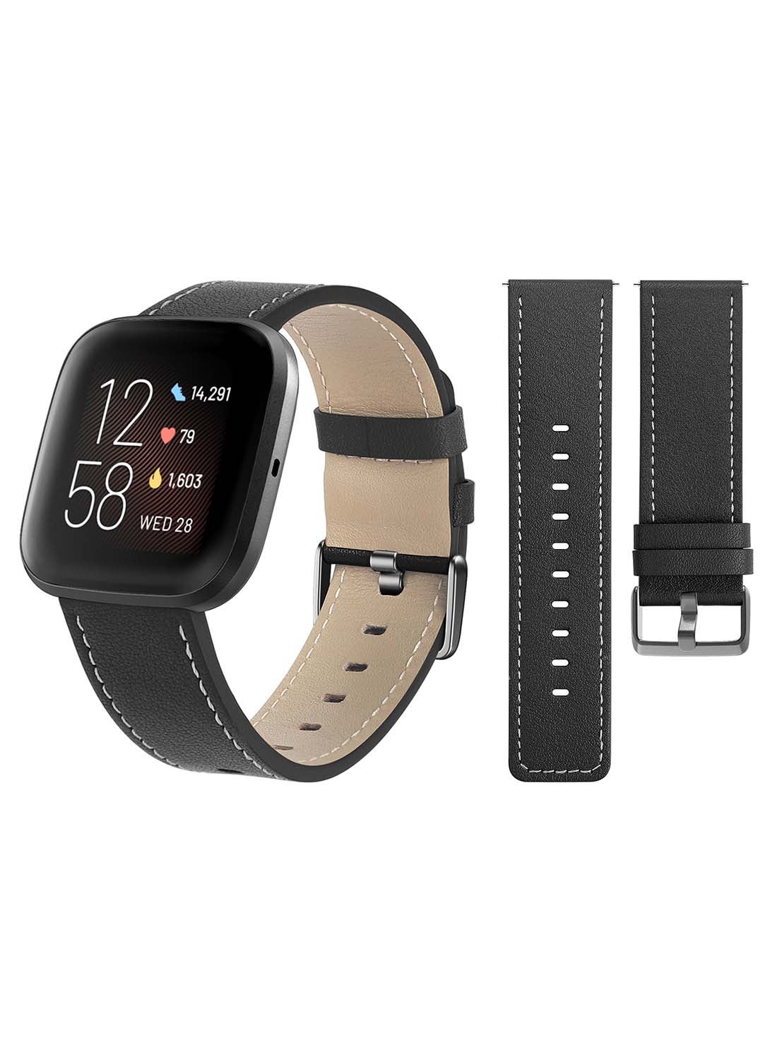 Perfii Genuine Leather Replacement Band for Fitbit Versa 2/1/Lite/SE Black