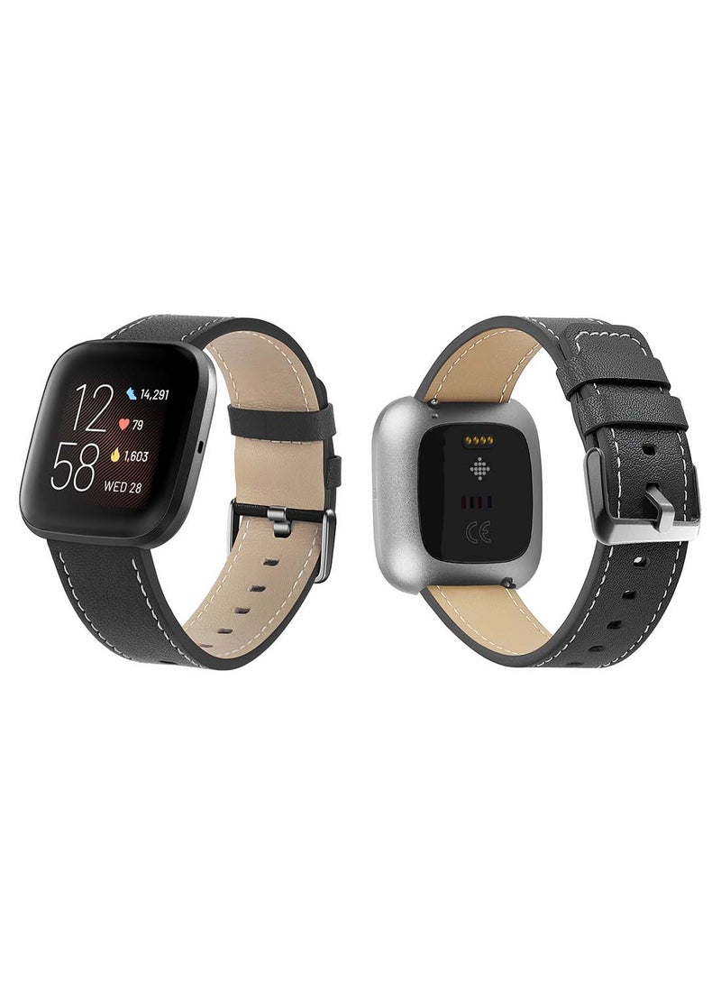 Perfii Genuine Leather Replacement Band for Fitbit Versa 2/1/Lite/SE Black - Image 2